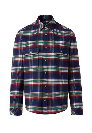 Chemise à carreaux bleu marine, rouge et vert ; comporte une fermeture à boutons, deux poches poitrine et un col pointu. Texture douce et manches longues.