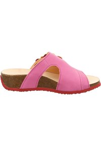 Roze open teen instap sandalen met een bruine kurken wedge zool en een rode rubberen loopzool, met uitsparingen aan de zijkanten en een gewatteerde voetbed.