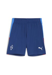 Jūros laivyno sportiniai šortai su mėlyna ir raudona šonine juosta. Elastinga juosta ir balta Puma logo apatiniame dešiniajame kampe. Lygus struktūra, lengvas medžiaga.