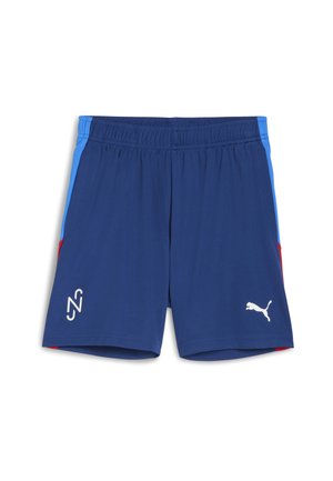 Shorts de sport navy avec un panneau latéral bleu et rouge. Taille élastique et logo Puma blanc en bas à droite. Texture lisse, matériau léger.