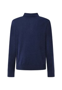 Granatowa bluza z długim rękawem i kołnierzykiem, wykonana z miękkiego materiału, z delikatną teksturą ściągacza wzdłuż dolnej krawędzi i mankietów.