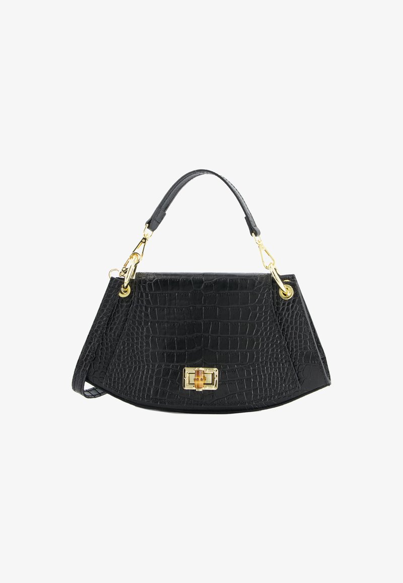 Sort håndtaske med krokodillepræg, struktureret form, topgreb, guldbeslag og detaljer med frontlås. Glat tekstur.