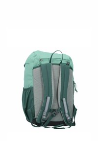 Green and gray backpack with padded mesh back, adjustable straps, rounded top, and side pockets; features a zippered compartment.