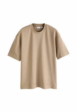 Kurzarm-T-Shirt in hellbraun, aus weichem Stoff, mit Rundhalsausschnitt und lockerer Passform ohne sichtbare Muster oder Akzente.