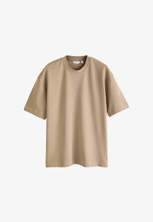 Kurzarm-T-Shirt in hellbraun, aus weichem Stoff, mit Rundhalsausschnitt und lockerer Passform ohne sichtbare Muster oder Akzente.