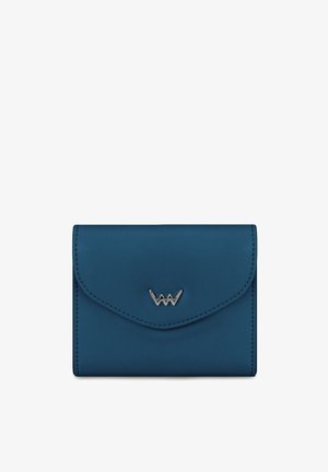 Blue leather wallet with a textured surface, flap closure, and a silver logo accent at the front. Compact rectangular shape.