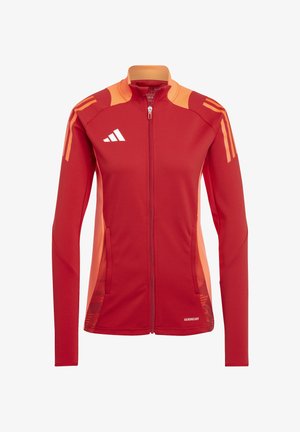 Red jacket with orange accents, zip closure, high collar, long sleeves, and two side pockets. Features Adidas logo and AEROREADY branding.