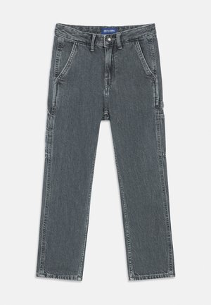 Gray denim pants with a straight-leg fit. Features front pockets and a button closure. Texture is slightly distressed. Branding at the waistband.