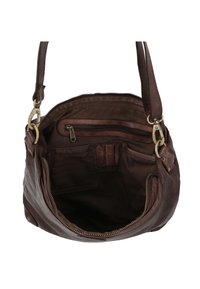 Brown leather handbag with a soft texture, zip closure, and interior pockets. Includes a shoulder strap and metal hardware accents.