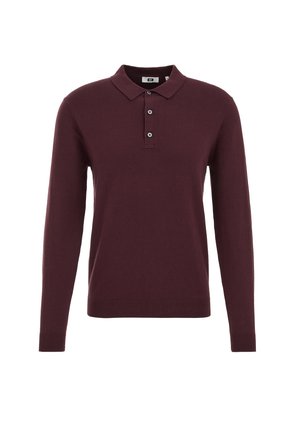 Bordeaux lange mouwen polo shirt met drie knopen en geribbelde manchetten, weergegeven op een witte achtergrond.