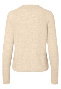 Pull beige en tricot avec manches longues, col rond et texture côtelée. Design simple et sans coutures avec une coupe décontractée.