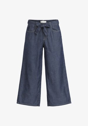 Pantaloni in denim blu scuro a gamba larga con tasche frontali e cintura in tessuto annodata in vita.