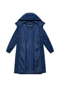 Langer blauer Kapuzenmantel mit Druckknöpfen, elastischen Bündchen und glattem Innenfutter mit der Marke "NAVAHOO" im Kragenbereich.