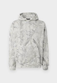 Felpa con cappuccio grigio chiaro, caratterizzata da un discreto motivo camouflage di rami e foglie, tasca a marsupio frontale e polsini a costine.