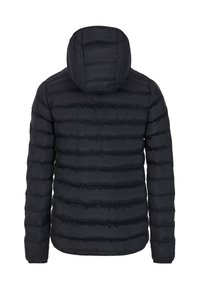 Doudoune noire avec surpiqûres horizontales visibles, une capuche et des poignets élastiqués. Le matériau semble lisse avec une finition brillante.