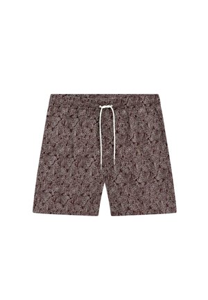 Brown patterned shorts with an elastic waistband and white drawstring tie, displayed on a white background.