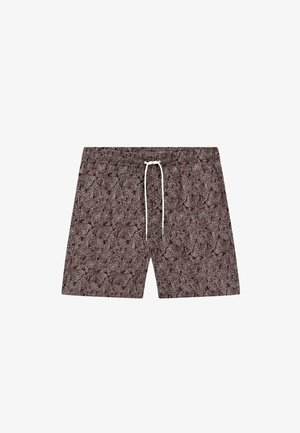 Brune mønstrede shorts med elastisk taljebånd og hvid snøre, vist på en hvid baggrund.
