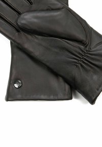 Black leather gloves laid flat, featuring a smooth texture, stitched detailing, and a button accent on the cuff.