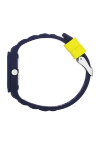 Marineblaue Silikon-Uhr mit einem gezackten Armbanddesign, ausgestattet mit einem leuchtend gelben Verschluss und einer Edelstahl-Schließe. Runde Ziffernblatt.