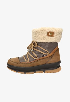 Bruine en grijze sneeuwlaarzen met een pluizige crèmekleurige rand, veters, rubberen zool en stikselaccenten. Ontworpen voor warmte en grip.