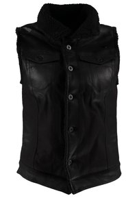 Gilet en cuir noir sans manches avec fermeture à boutons, deux poches poitrine à rabat et un large col en shearling.