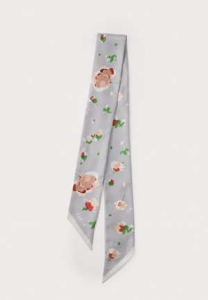 Silky gray scarf with a floral pattern featuring pink and green accents. Narrow design with pointed ends. "Furla" logo in one corner.