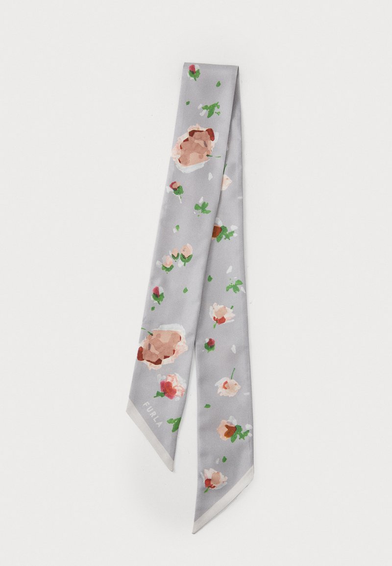 Bufanda gris sedosa con un patrón floral que presenta acentos en rosa y verde. Diseño estrecho con extremos puntiagudos. Logo "Furla" en una esquina.