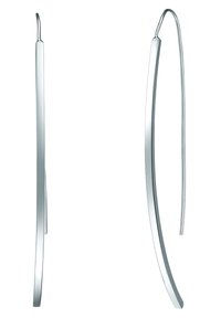 Pendientes de aro metálico plateado con un diseño curvado y alargado. Presentan un acabado suave y un alambre delgado para facilitar su uso.