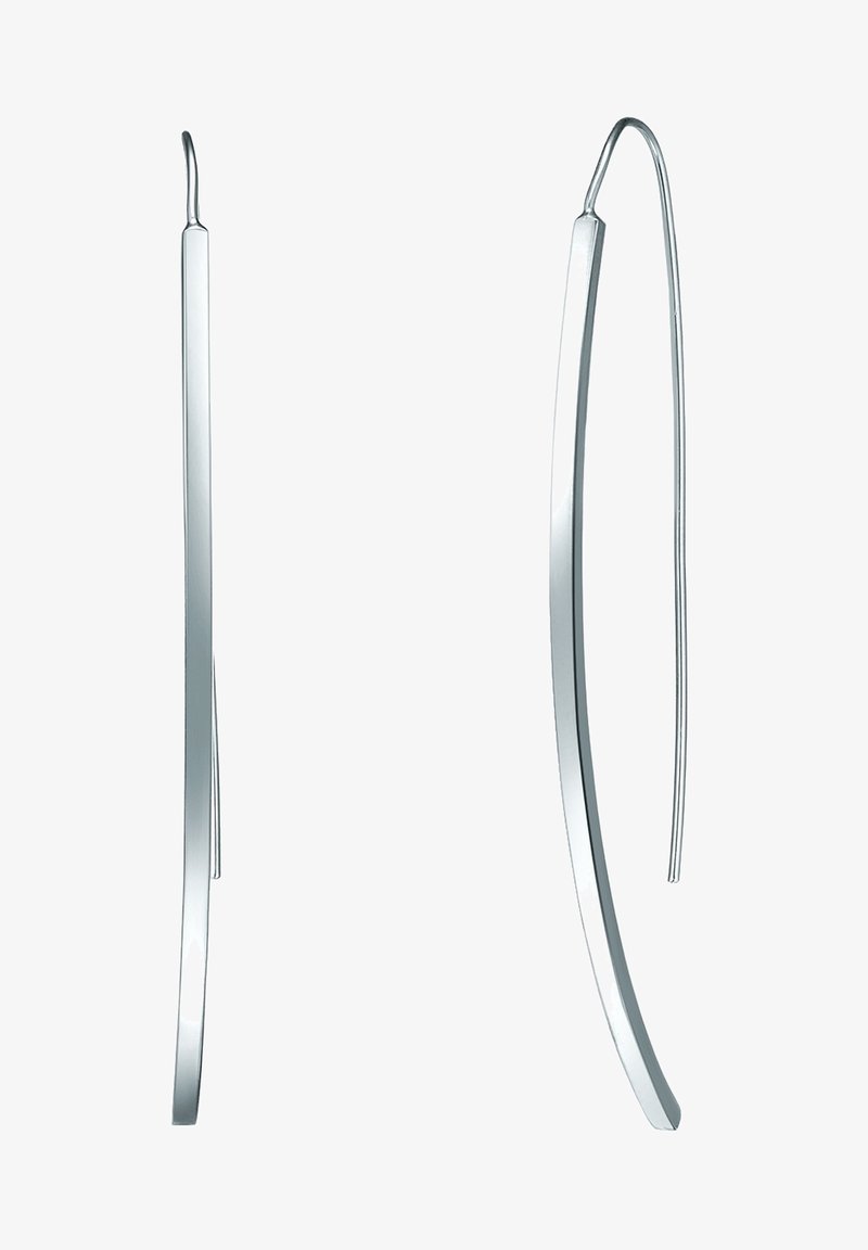 Srebrni kovinski obročasti uhani z ukrivljenim, podolgovatim oblikom. Imajo gladko površino in tanek žičnati del za enostavno nošenje.