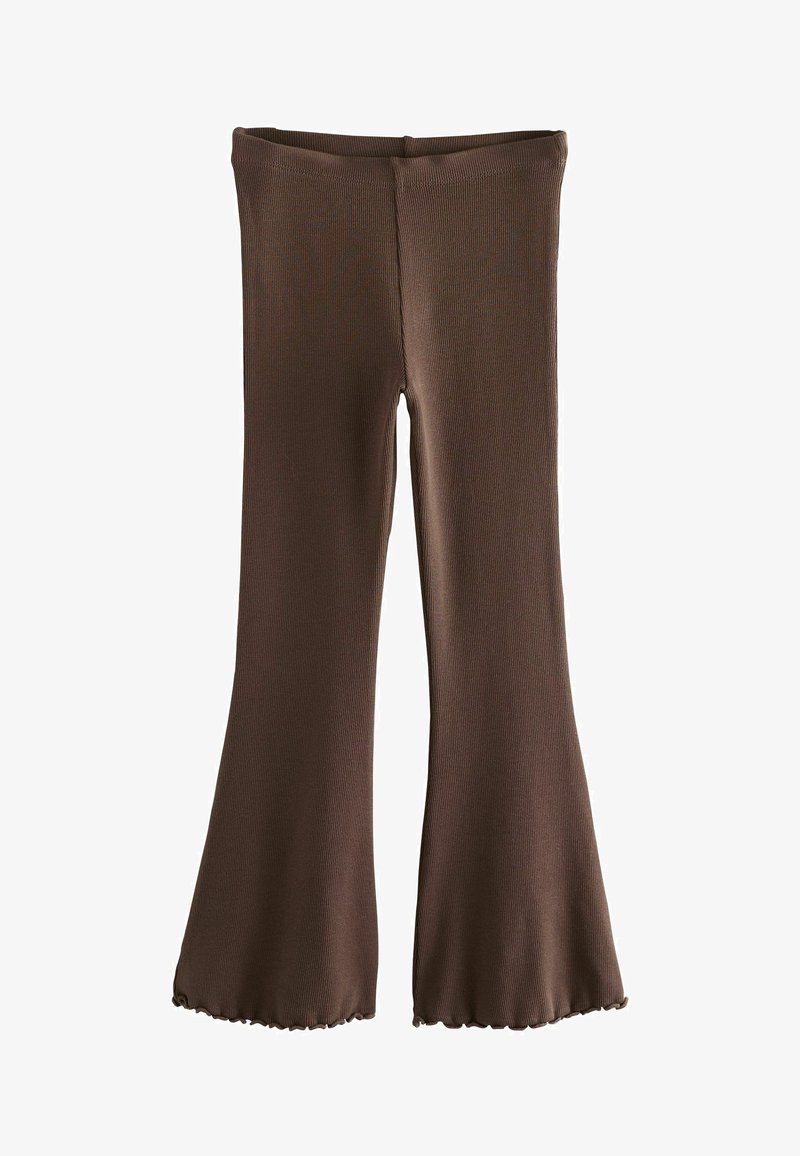 Pantalon évasé en maille côtelée marron avec une taille haute et un ourlet à bord ondulé sur les jambes.