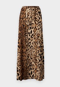 Maxihame leopardikuosisella joustovetoketjulla, joka on silkkimäinen tekstuuri, virtaava muotoilu ja ruskean ja mustan sävyjä.