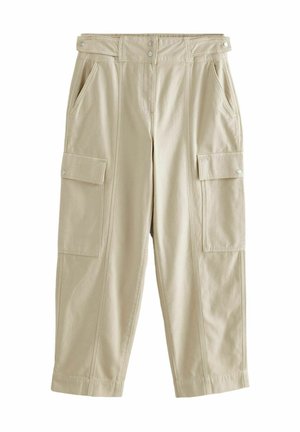 Pantaloni cargo beige realizzati in un mix di cotone, con due ampie tasche laterali, una vita strutturata e un taglio cropped con dettagli cuciti.