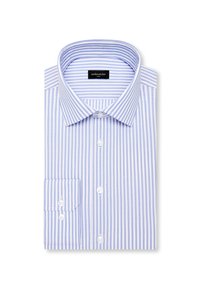 Chemise homme à rayures verticales bleu clair et blanc, pliée avec poignets boutonnés et col italien.