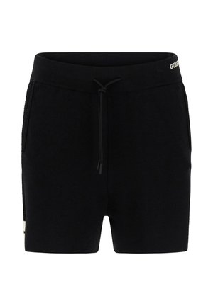 Schwarze Shorts mit Kordelzug, seitlichen Taschen und einem schmalen Bund mit GUESS-Logo auf der oberen rechten Seite.