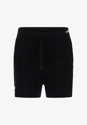 Schwarze Shorts mit Kordelzug, seitlichen Taschen und einem schmalen Bund mit GUESS-Logo auf der oberen rechten Seite.