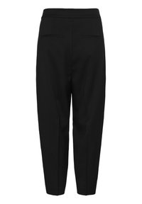 Črne zožene hlače s pasom iz elastike in dvema žepoma na hrbtni strani, prikazane od zadaj na belem ozadju.