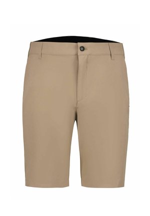 Beige Herren-Knielange Shorts mit Gürtelschlaufen, Frontknopf und Reißverschluss, auf weißem Hintergrund dargestellt.