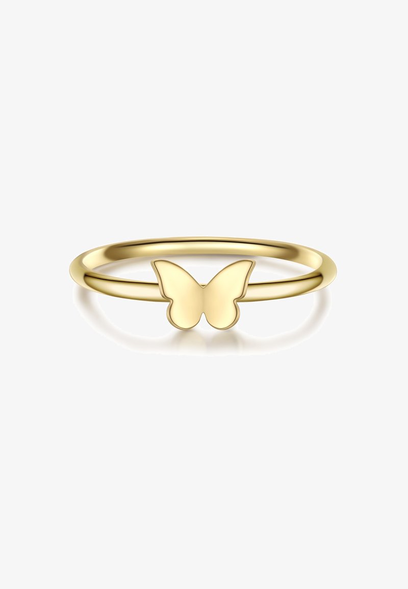Anello in oro con banda liscia e un accento a forma di farfalla al centro. Il design presenta una finitura lucida e uno stile minimalista.