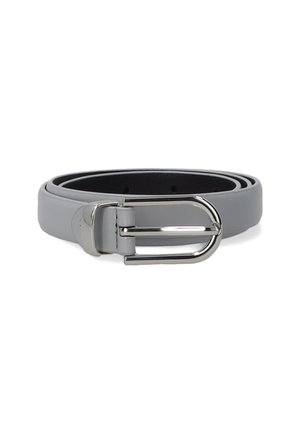 Gray leather belt coiled with a shiny silver metal buckle on a white background.