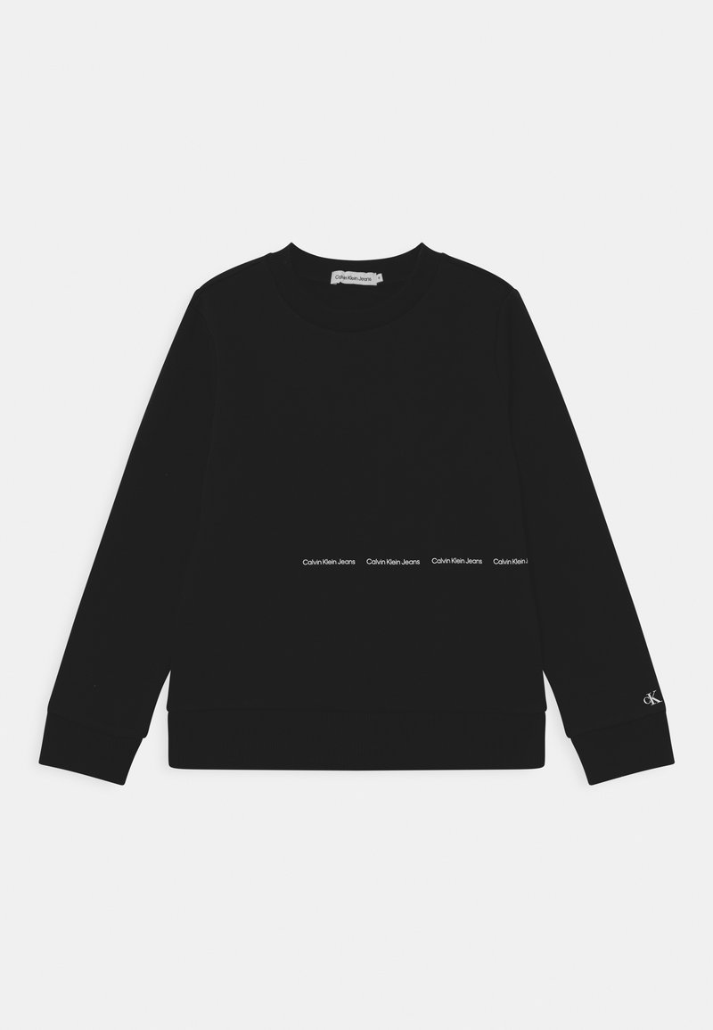 Mustat collegepaita, joka on valmistettu pehmeästä materiaalista. Siinä on pitkät hihat, pyöreä kaula-aukko ja Calvin Klein Jeans -logo raitoina etuosassa ja hihassa.