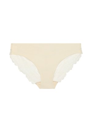 Beżowa damska bielizna z koronkowymi wykończeniami na krawędziach nogawek, bezszwowym przednim panelem i gładkim materiałem.