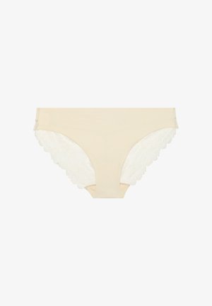 Beżowa damska bielizna z koronkowymi wykończeniami na krawędziach nogawek, bezszwowym przednim panelem i gładkim materiałem.