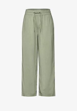 Pantalones de pierna ancha verde claro, hechos de una tela suave. Presentan una cinturilla elástica con cordón y sin bolsillos visibles.