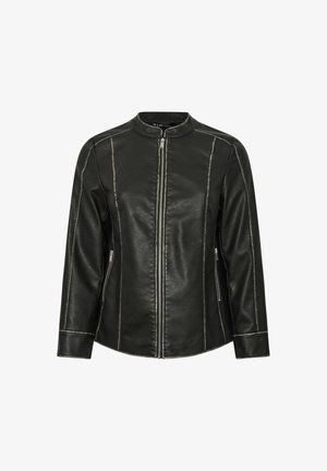 Black leather jacket with a zip front, round neck, and contrasting stitching. Features two side pockets and a smooth texture.
