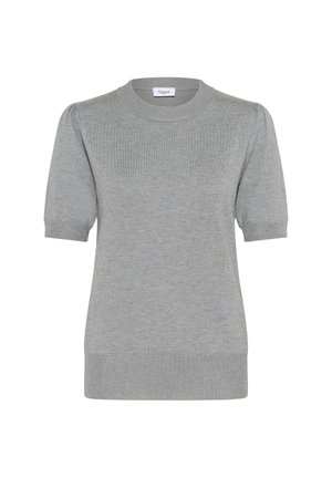 Pull en tricot gris clair à manches courtes avec un col rond, des poignets côtelés et un ourlet droit. Texture douce, coupe standard.