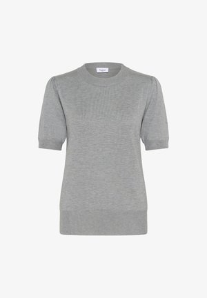 Šviesiai pilkas trumpa rankovė megztinis su apvaliu iškirpimu, raukšlėtais rankogaliais ir tiesia apatine dalimi. Minkšta tekstūra, standartinis modelis.