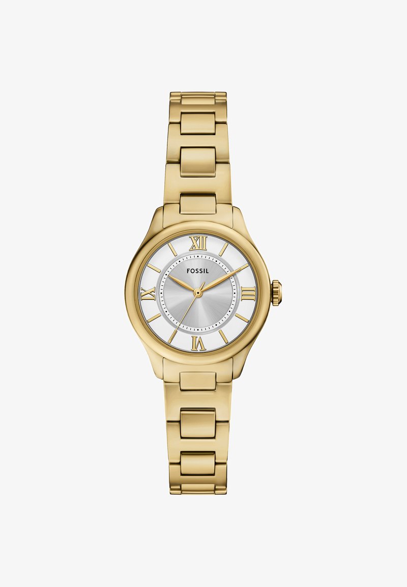 Montre-bracelet Fossil en acier inoxydable doré avec cadran blanc et argenté, chiffres romains dorés et trois aiguilles dorées indiquant 10:10:36.