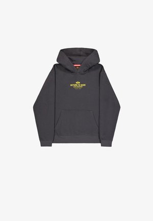 Gray hooded sweatshirt made of cotton blend, featuring a front pocket, ribbed cuffs, and a bright yellow printed logo reading "RETURN TO BASE."