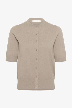 Beež lühikeste varrukatega kardigan ümar kaelusega, ees nööpidega, soonikkoes mansettide ja äärega.