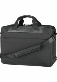 Sac d'ordinateur portable noir et rectangulaire avec double poignées, bandoulière réglable, fermeture éclair, tissu texturé et accents en cuir.